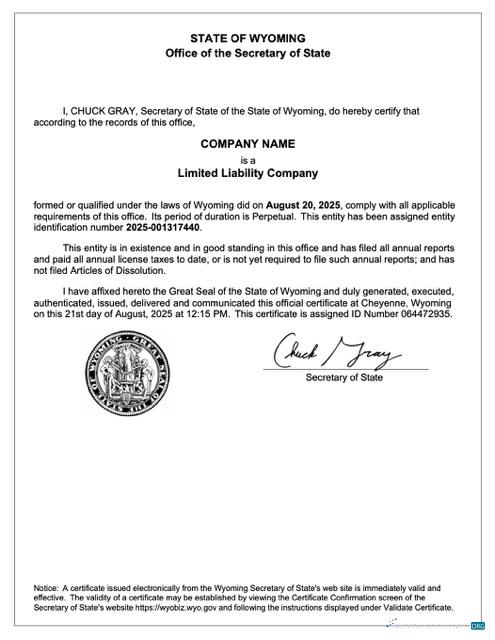 Download USA Wyoming certificate of registration Word and PDF template Photoshop template